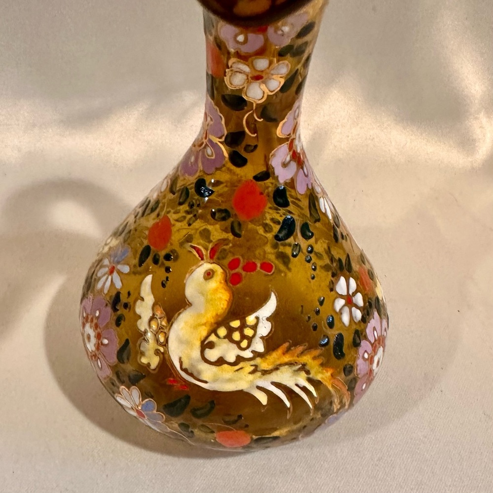 Vintage Hand-Painted Floral Enamelled Amber Hand Blown Glass Vase Pitcher Ewer - Picture 4 of 9